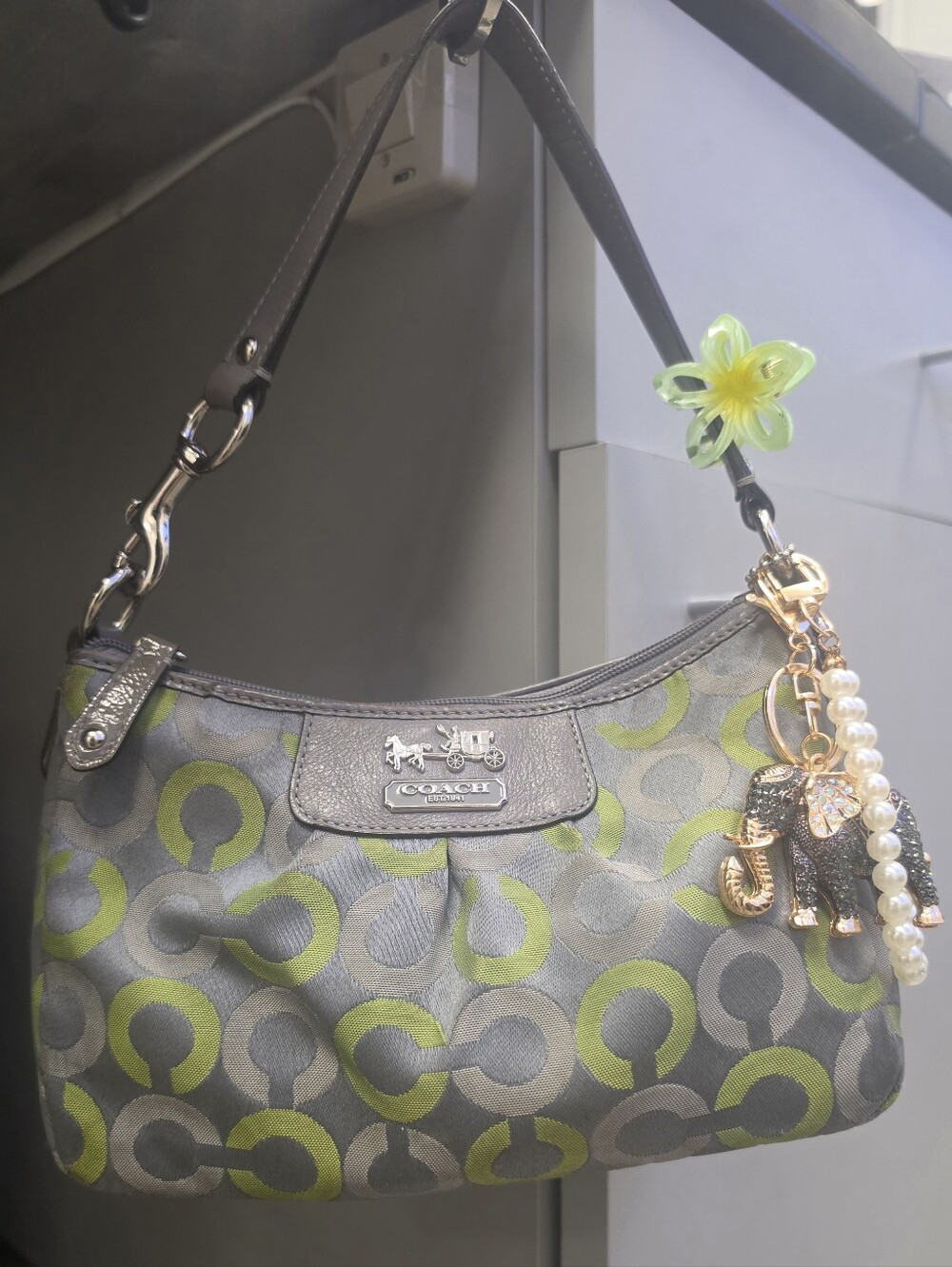 Coach Gray & Lime Signature Jacquard Small Shoulder Bag